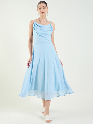 METRONAUT Women Fit and Flare Light Blue Midi/Calf Length Dress