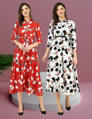AllenQueen Women Maxi Red, White Midi/Calf Length Dress