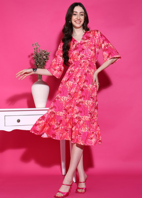 DSK STUDIO Women Fit and Flare Pink Midi/Calf Length Dress