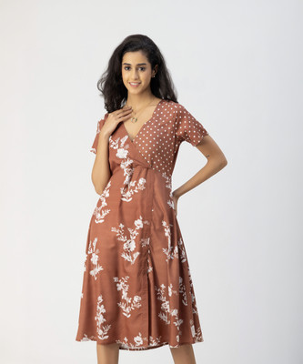 moomaya Women A-line Brown, White Knee Length Dress