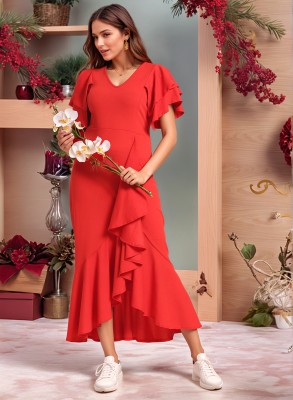 AA-HA! Women Ruffled Red Dress