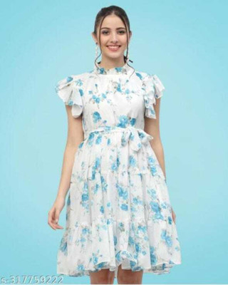 KAVATHIYA Women Fit and Flare White Midi/Calf Length Dress