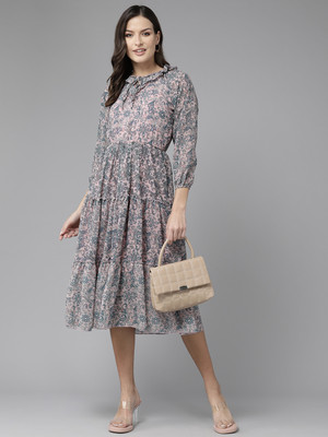 Aarika Women Fit and Flare Pink Below Knee Dress