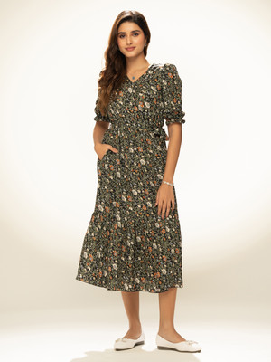 AASK Women Fit and Flare Multicolor Midi/Calf Length Dress