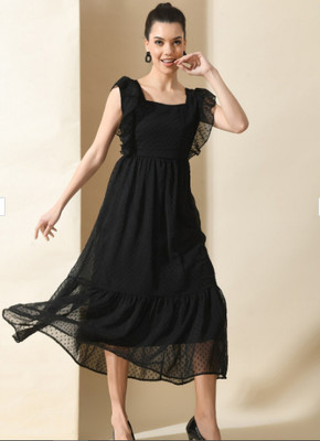 Molena Women A-line Black Midi/Calf Length Dress