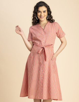 moomaya Women A-line Pink, White Knee Length Dress