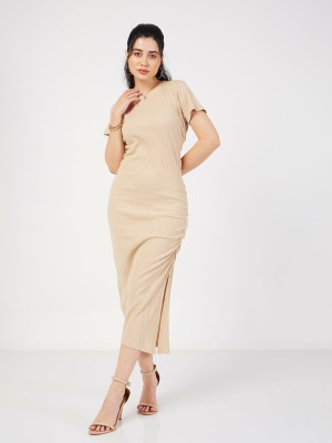 SASSAFRAS Women Bodycon Beige, Brown Dress