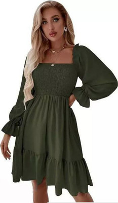 PINK HUB Women Fit and Flare Dark Green Knee Length Dress