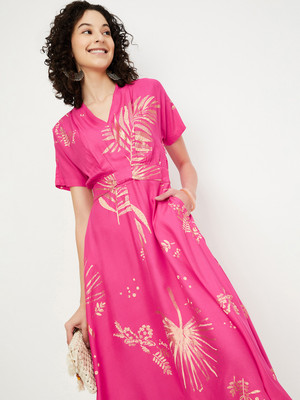 MAX Women A-line Pink Midi/Calf Length Dress