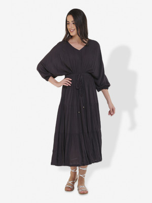 Mala Singh Women Fit and Flare Black Midi/Calf Length Dress