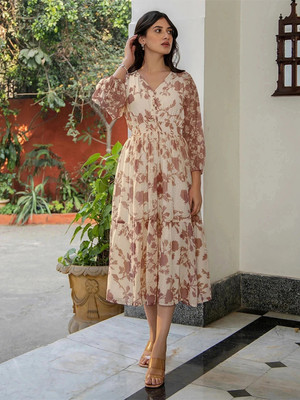 Janasya Women Fit and Flare Brown Midi/Calf Length Dress