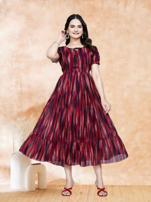 QVAZOR Women Fit and Flare Maroon Maxi/Full Length Dress