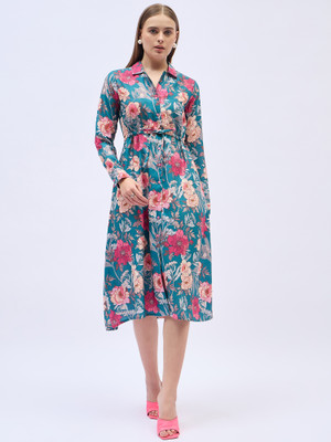 ANJIR Women Fit and Flare Dark Blue Midi/Calf Length Dress