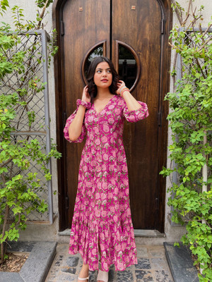 AMB Creation Women Fit and Flare Pink Maxi/Full Length Dress