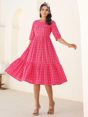 Janasya Women Tiered Pink Midi/Calf Length Dress