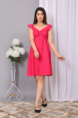 VYMO Women Fit and Flare Pink Above Knee/Mid Thigh Length Dress