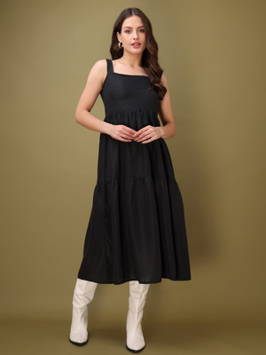 PURVAJA Women Ruffled Black Midi/Calf Length Dress