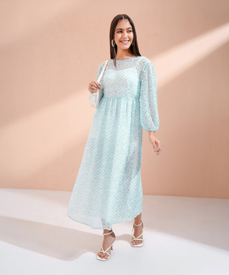 Tokyo Talkies Women Fit and Flare Blue Midi/Calf Length Dress