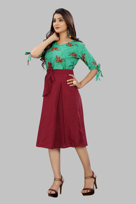 Hiral Creation Women Fit and Flare Green Knee Length Dress