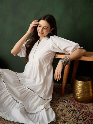 Sangria Women Fit and Flare White Midi/Calf Length Dress