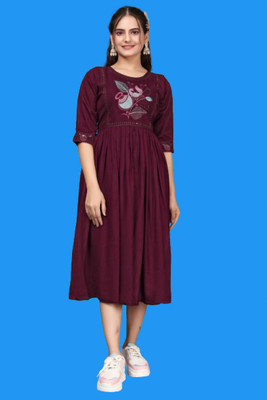 DICHIKA enterprise Women Fit and Flare Maroon Midi/Calf Length Dress