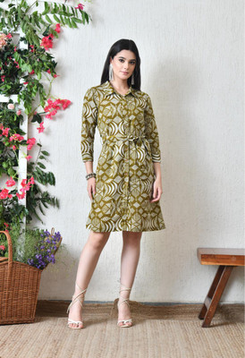 DECKEDUP Women Shirt Dark Green Knee Length Dress