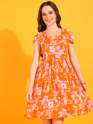 miss haute Women Fit and Flare Orange Above Knee/Mid Thigh Length Dress