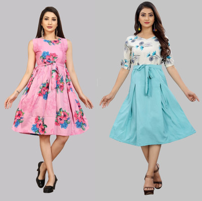 tanvi creation Women Fit and Flare Multicolor Knee Length Dress