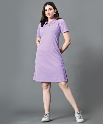 Christy World Solid Women Polo Neck Purple T-Shirt