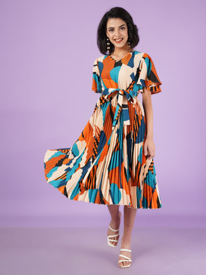 ZWERLON Women A-line Multicolor Midi/Calf Length Dress