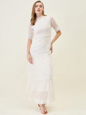 AAYU Women Layered White Maxi/Full Length Dress