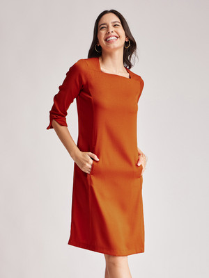 Fable Street Women A-line Orange Knee Length Dress
