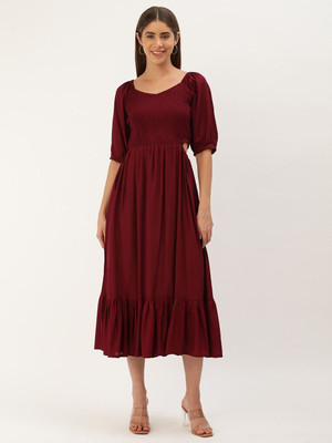 IQRAAR Women Fit and Flare Maroon Maxi/Full Length Dress