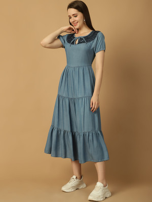 250 Designs Women Tiered Blue Midi/Calf Length Dress
