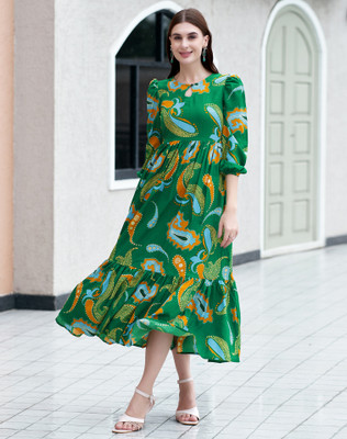 Selvia Women Fit and Flare Green Midi/Calf Length Dress