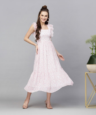 AAYU Women Fit and Flare White, Pink Midi/Calf Length Dress