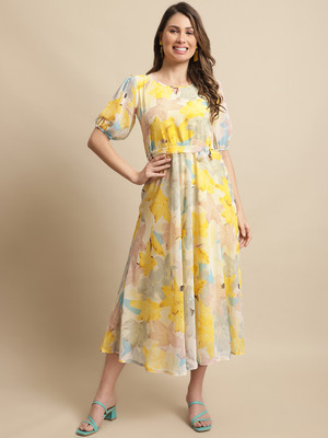 Fabflee Women A-line Yellow Midi/Calf Length Dress