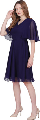 MUZUN Women A-line Blue Knee Length Dress
