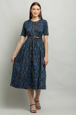 Shyammc Women Fit and Flare Dark Blue, Blue, Pink Midi/Calf Length Dress