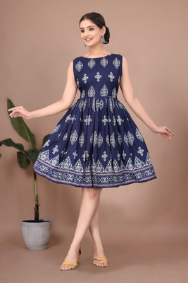 Ajfab Women Fit and Flare Blue Above Knee/Mid Thigh Length Dress