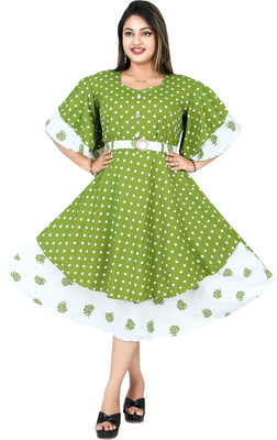 Cenes Women A-line Green Below Knee Dress