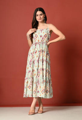 METRONAUT Women Fit and Flare Green Maxi/Full Length Dress