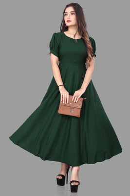 ZOPDI Women Fit and Flare Dark Green Maxi/Full Length Dress