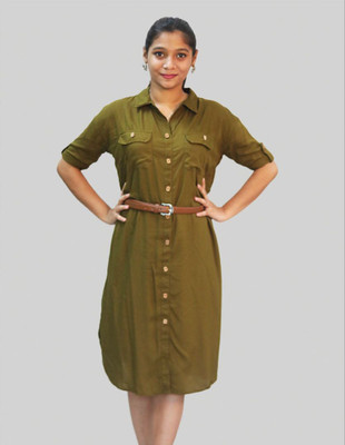 BOLD CREW Women Shirt Green Below Knee Dress