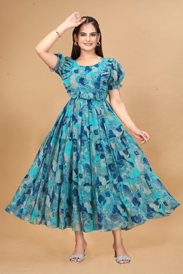 Divine India Women Gathered Blue Ankle Length Dress