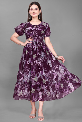 Parth Creation Women Fit and Flare Purple Maxi/Full Length Dress