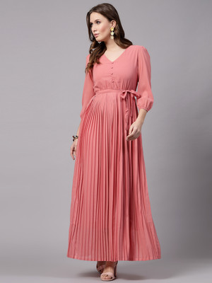 AAYU Women Fit and Flare Pink Maxi/Full Length Dress