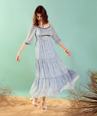 KASSUALLY Women Fit and Flare Blue Maxi/Full Length Dress