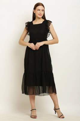 REESE Women Fit and Flare Black Midi/Calf Length Dress