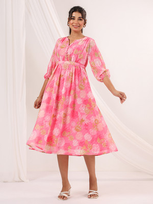 Janasya Women A-line Pink Midi/Calf Length Dress